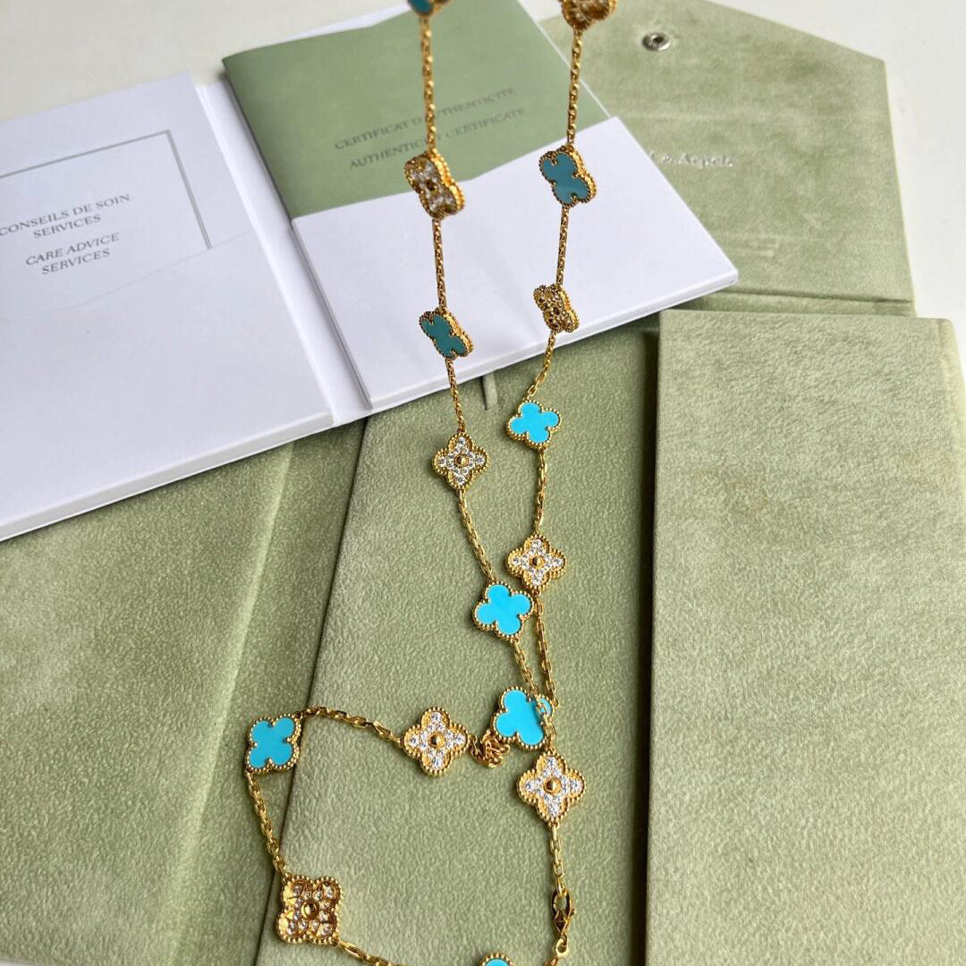 CLOVER 20 MOTIFS TURQUOISE DIAMOND NECKLACE