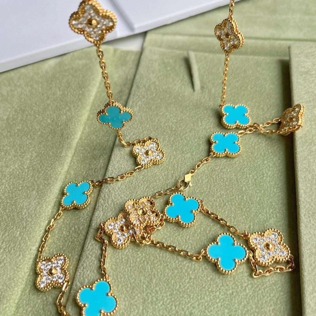 CLOVER 20 MOTIFS TURQUOISE DIAMOND NECKLACE