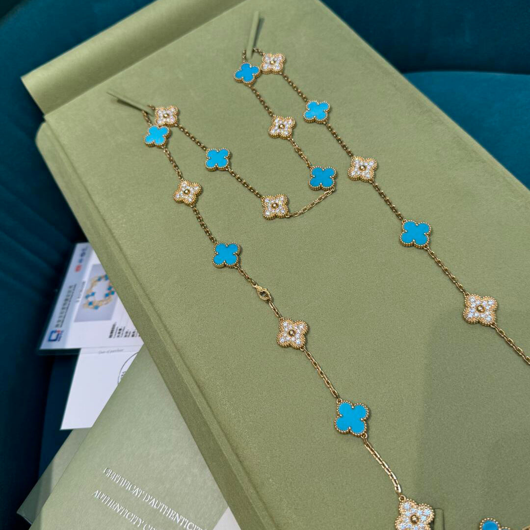 CLOVER 20 MOTIFS TURQUOISE DIAMOND NECKLACE