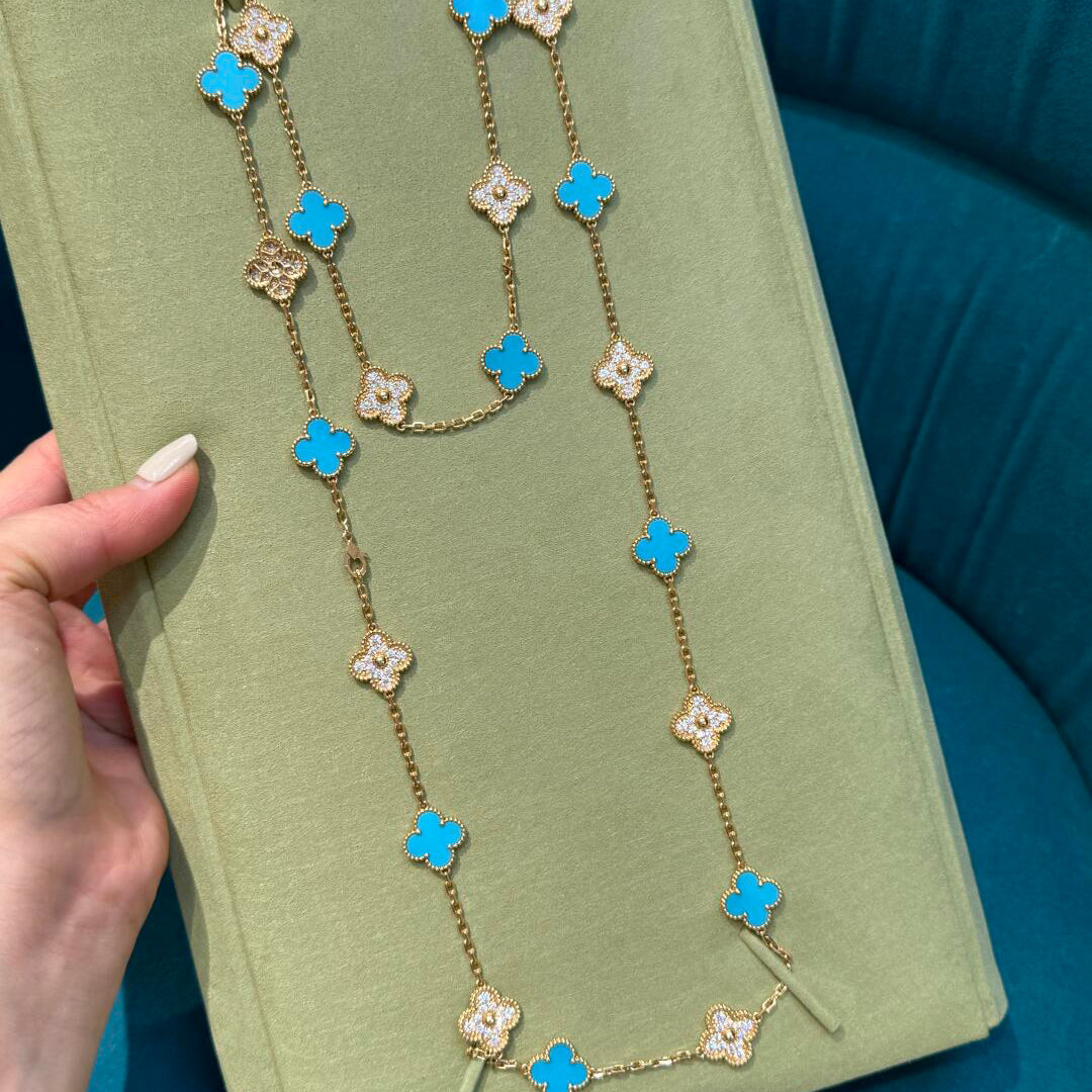 CLOVER 20 MOTIFS TURQUOISE DIAMOND NECKLACE
