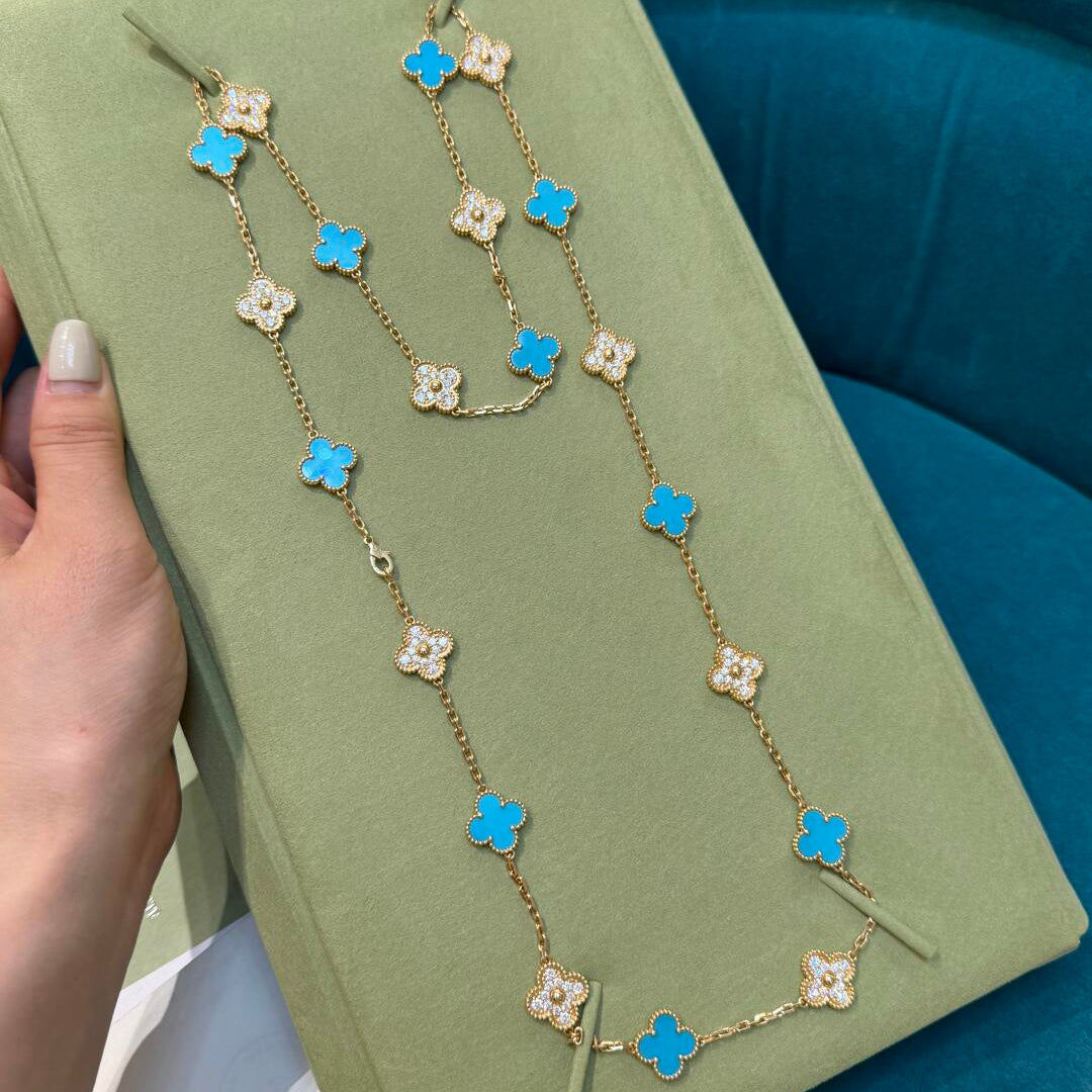 CLOVER 20 MOTIFS TURQUOISE DIAMOND NECKLACE