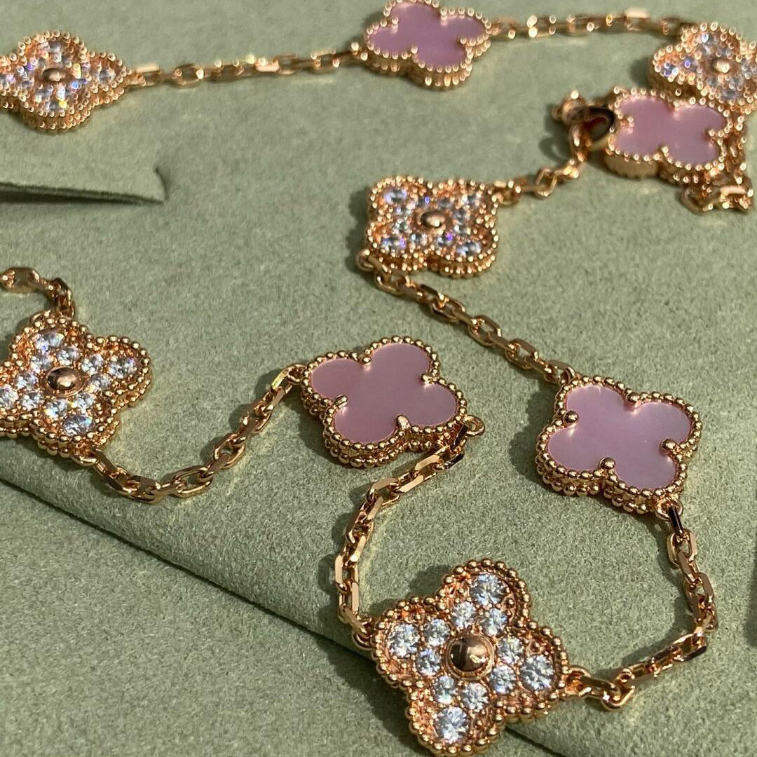 CLOVER 10 MOTIFS DIAMOND PINK MOP NECKLACE
