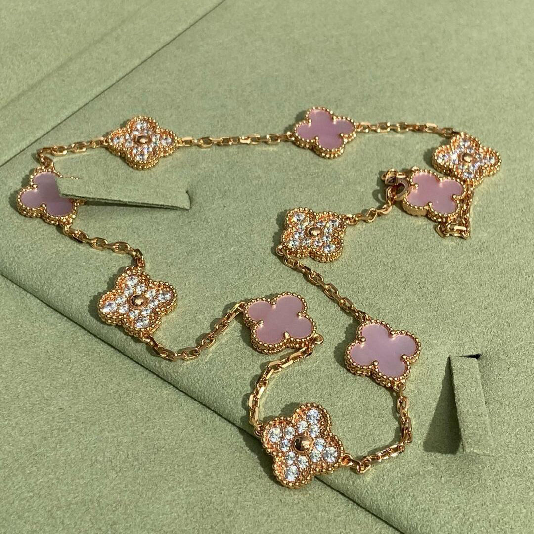 CLOVER 10 MOTIFS DIAMOND PINK MOP NECKLACE