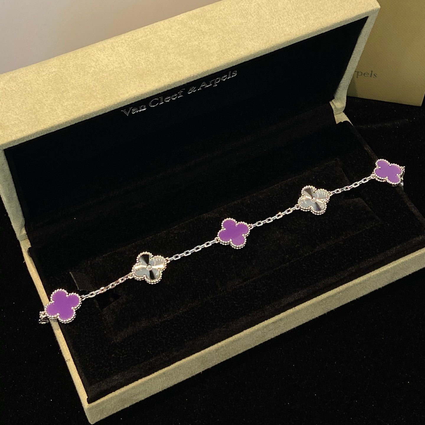 CLOVER  5 MOTIFS  PURPLE VIOLET BRACELET SILVER