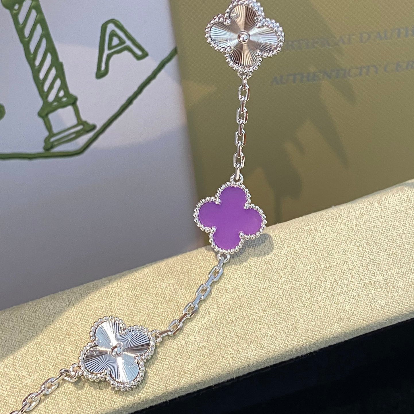 CLOVER  5 MOTIFS  PURPLE VIOLET BRACELET SILVER