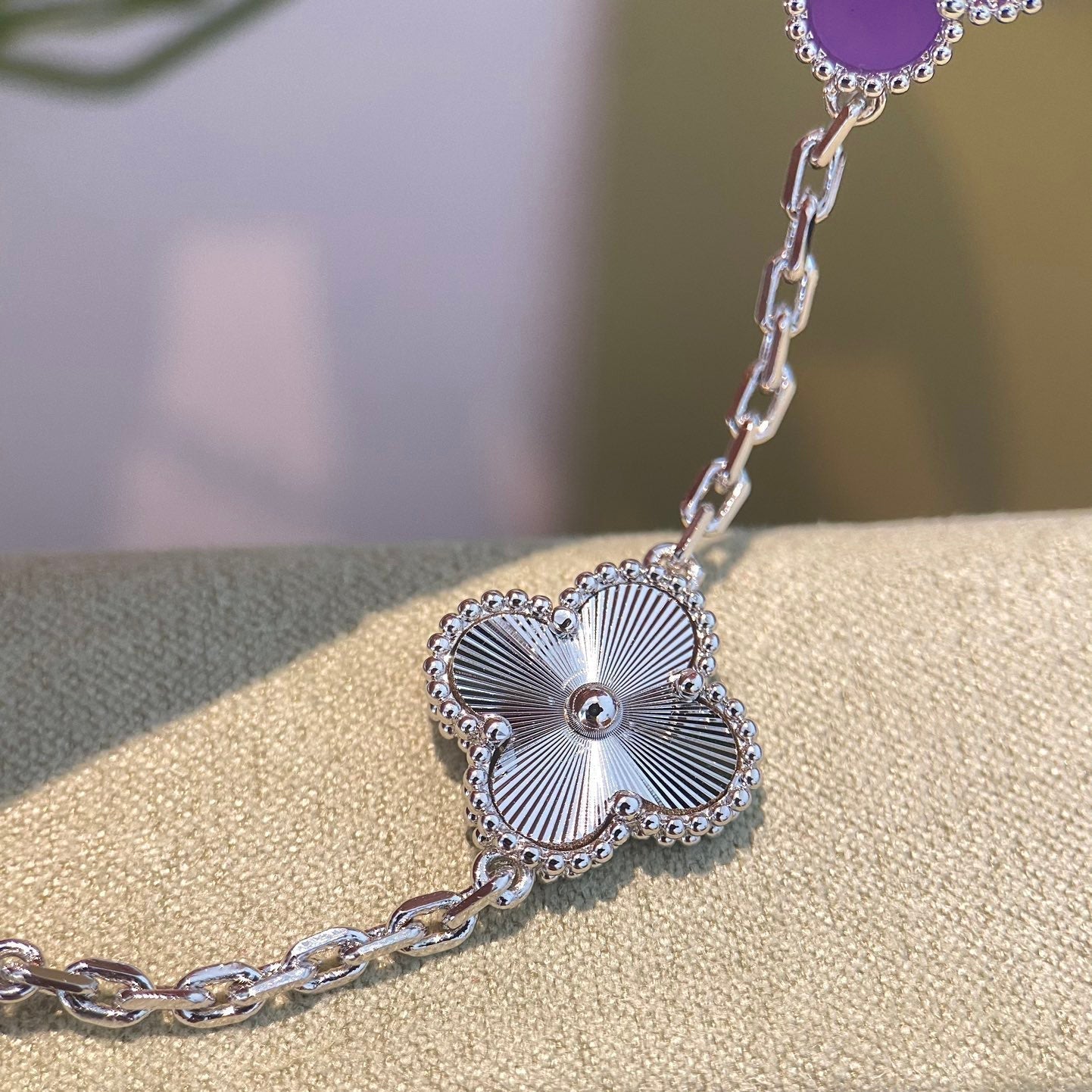 CLOVER  5 MOTIFS  PURPLE VIOLET BRACELET SILVER