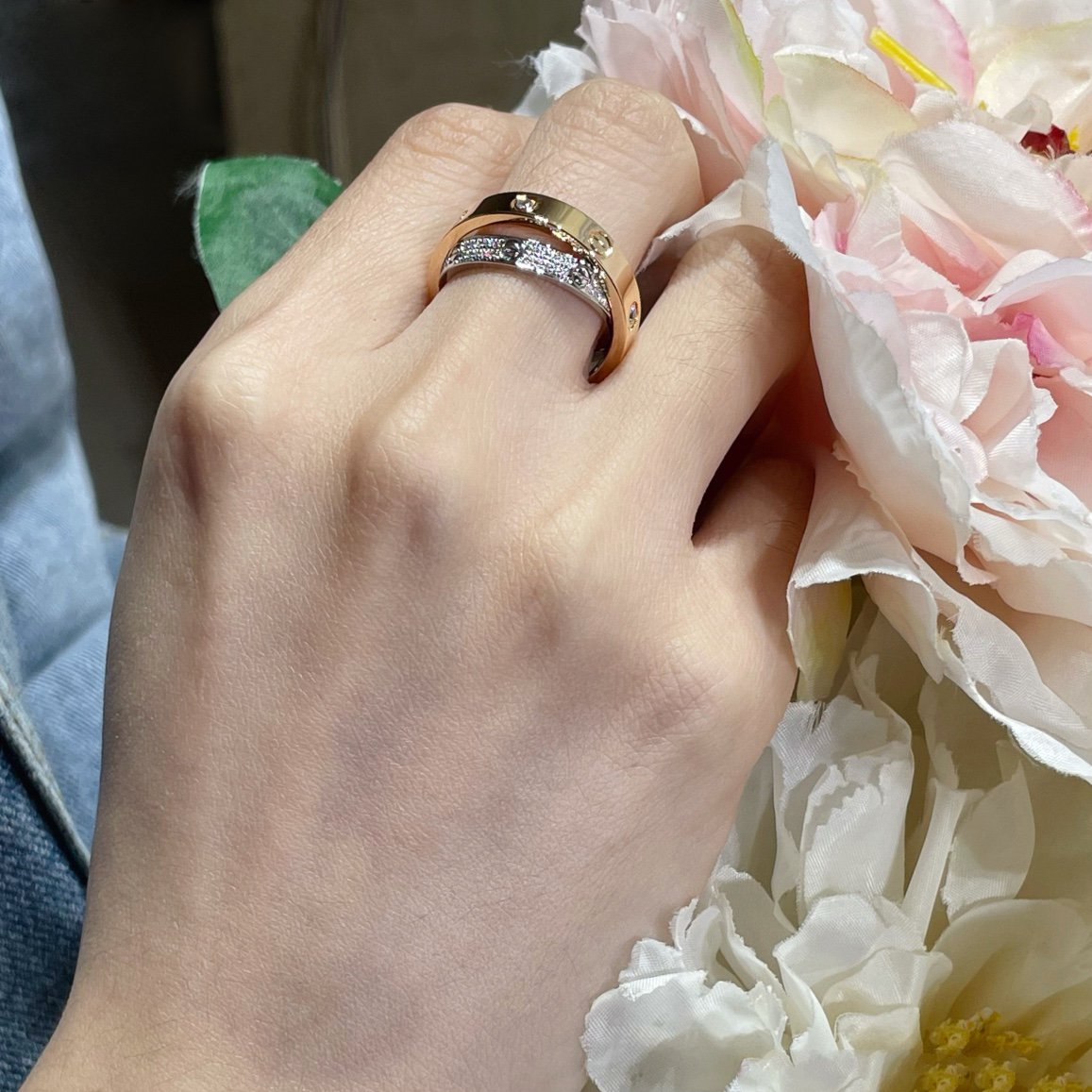 LOVE ROSE GOLD SILVER DIAMOND DOUBLE RING