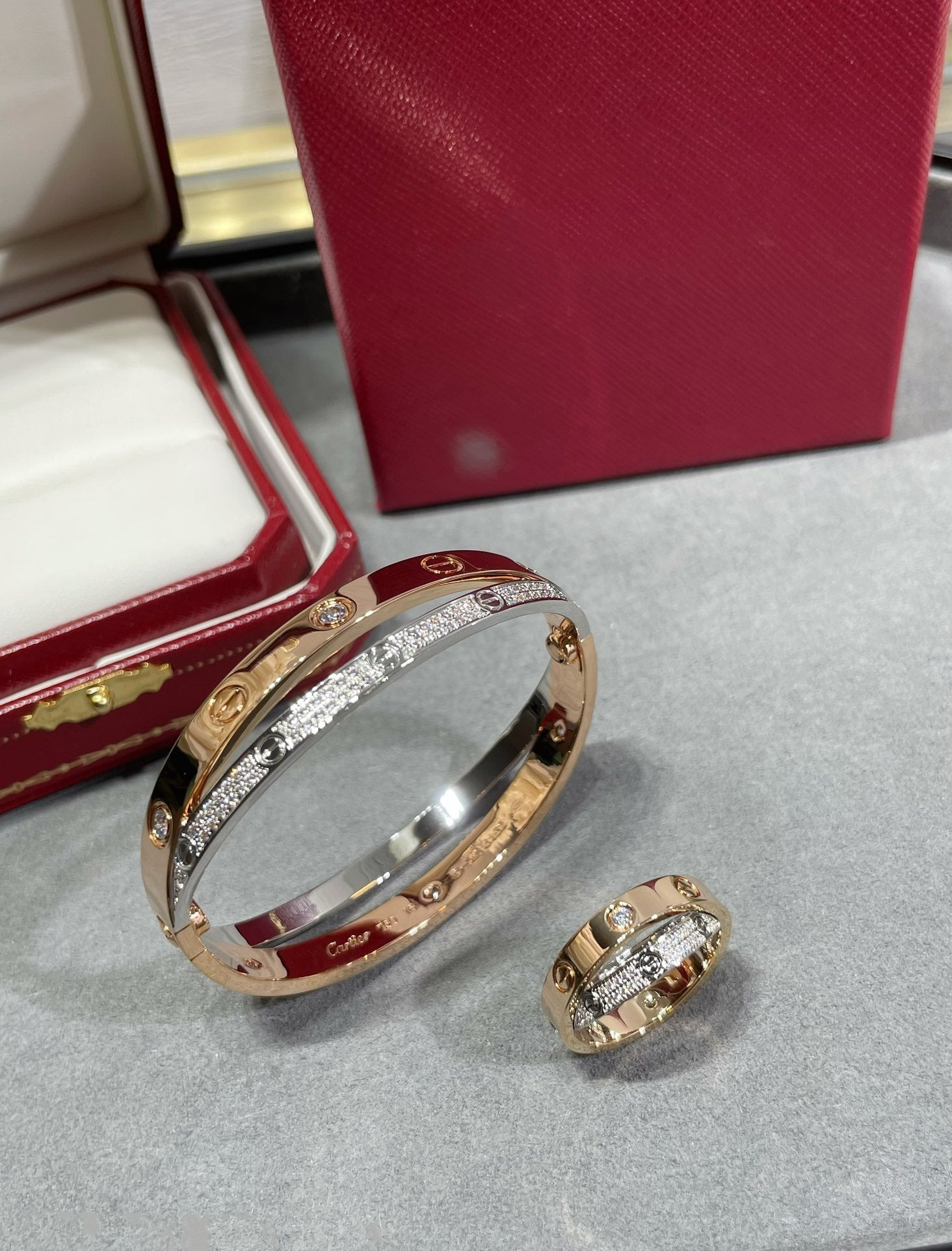 LOVE ROSE GOLD SILVER DIAMOND DOUBLE RING