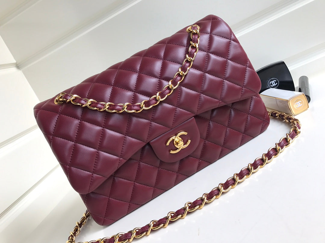 FLAP BAG JUMBO 30 BURGUNDY LAMBSKIN GOLD HARDWARE