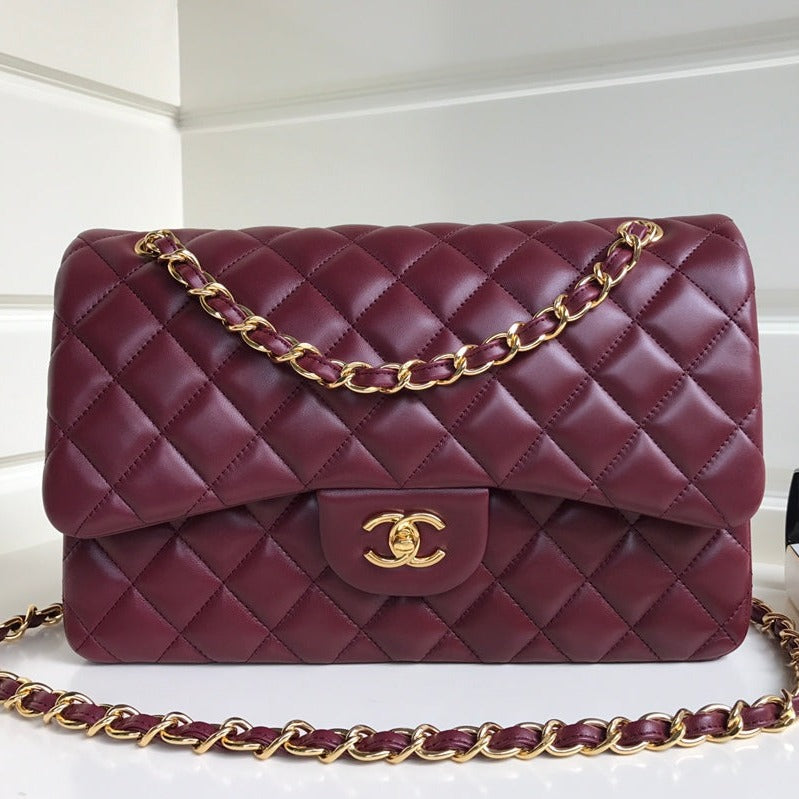 FLAP BAG JUMBO 30 BURGUNDY LAMBSKIN GOLD HARDWARE