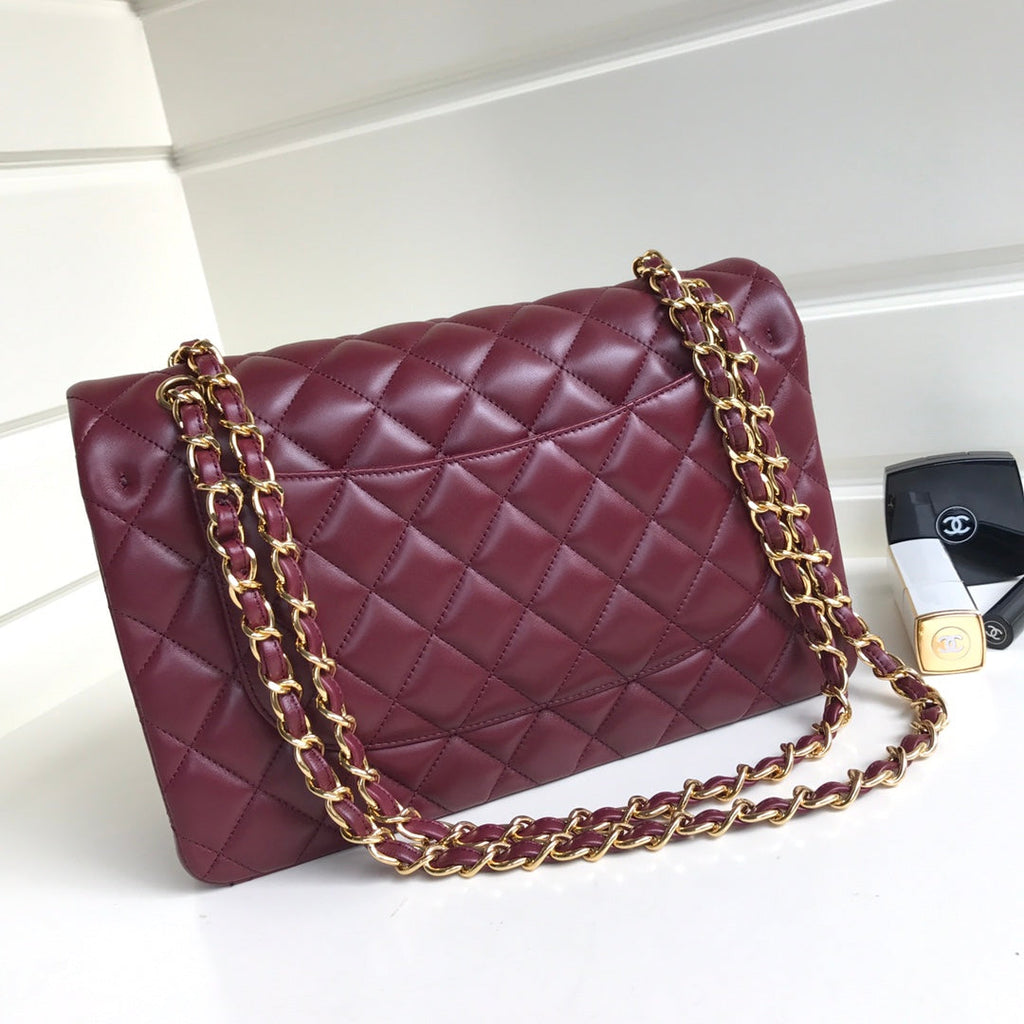 FLAP BAG JUMBO 30 BURGUNDY LAMBSKIN GOLD HARDWARE