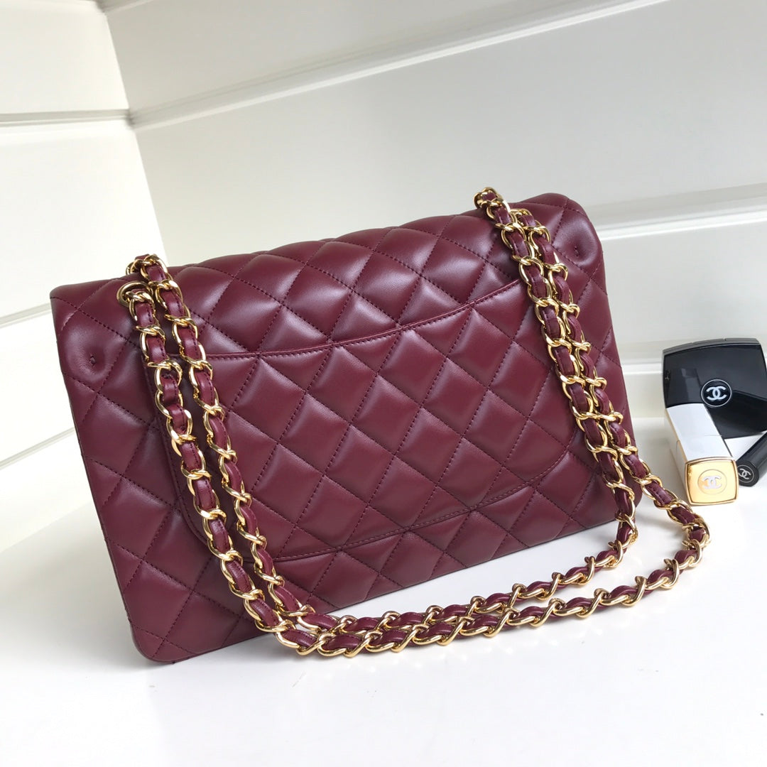 FLAP BAG JUMBO 30 BURGUNDY LAMBSKIN GOLD HARDWARE