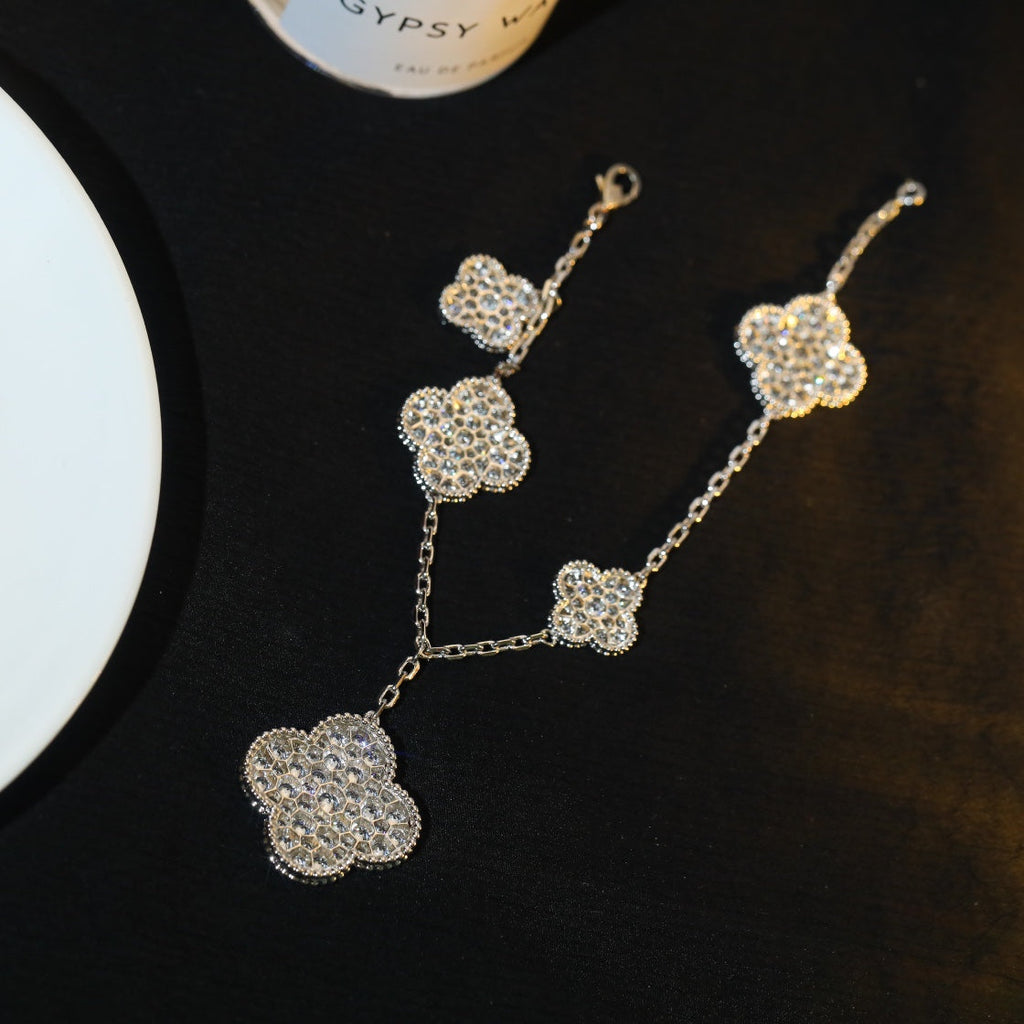 CLOVER BRACELET 5 MOTIF SILVER DIAMOND PAVED