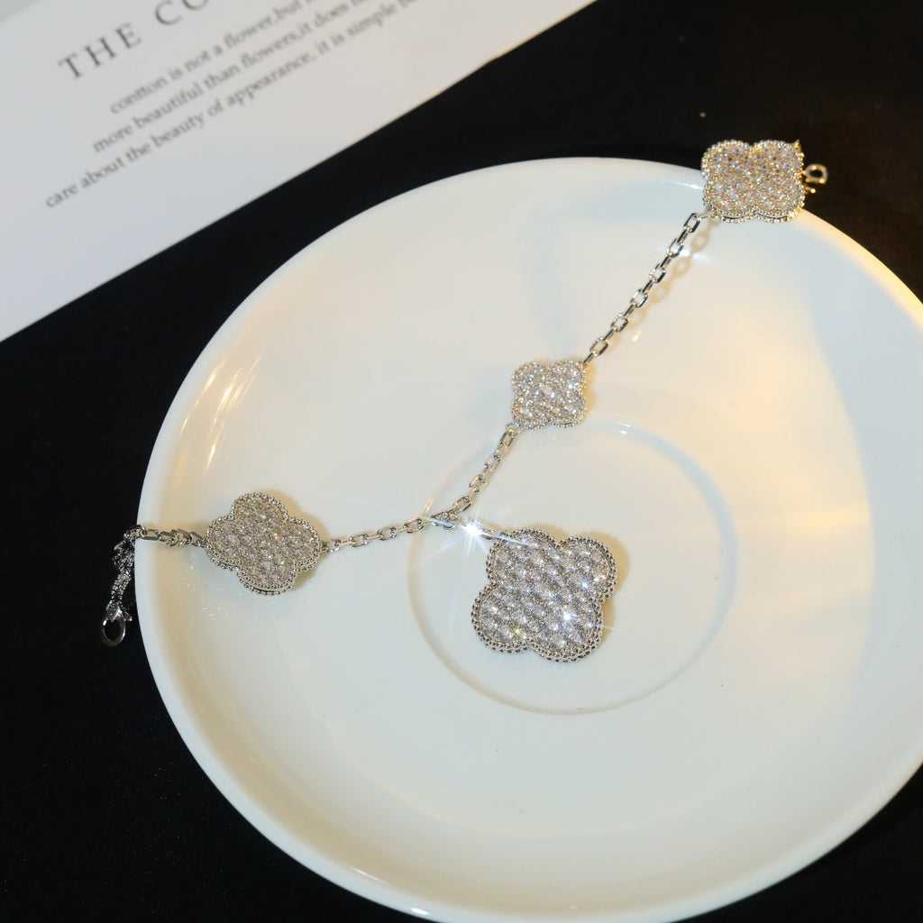 CLOVER BRACELET 5 MOTIF SILVER DIAMOND PAVED