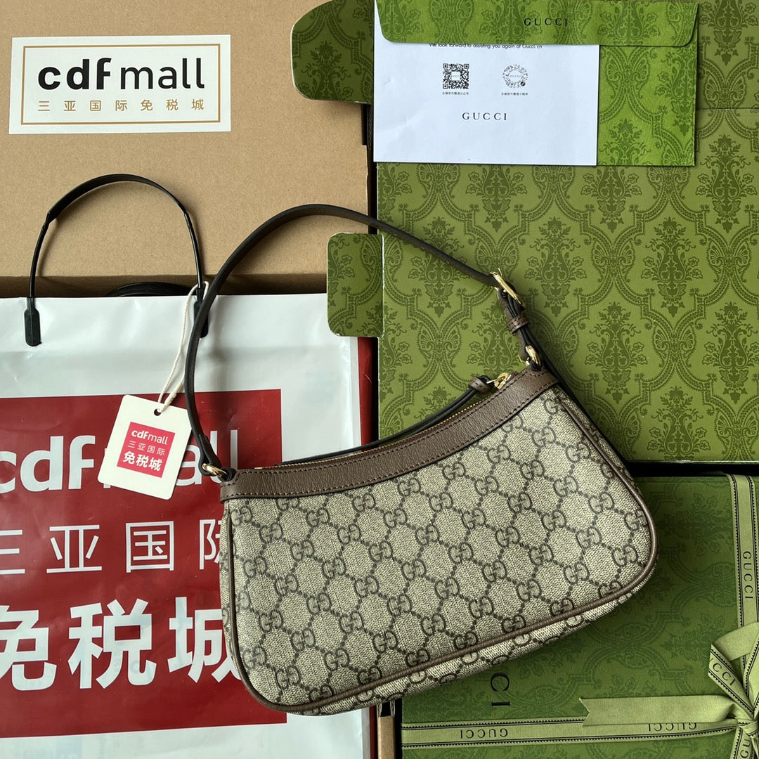 GG OPHIDIA SMALL SHOULDER BAG 21CM BEIGE DARK BROWN CANVAS