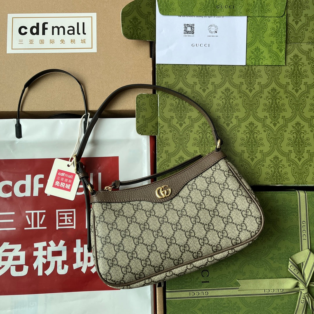 GG OPHIDIA SMALL SHOULDER BAG 21CM BEIGE DARK BROWN CANVAS