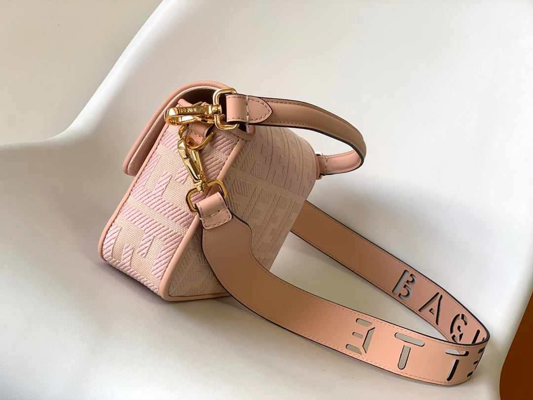 FEND BAGUETTE PINK CANVAS BAG 27 WITH FF EMBROIDERY GHW