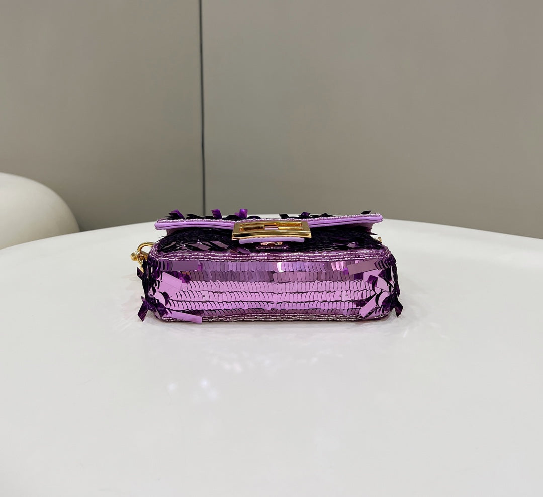 BAGUETTE MINI 19 IN PERIWINKLE PURPLE SEQUINS GOLD HARDWARE