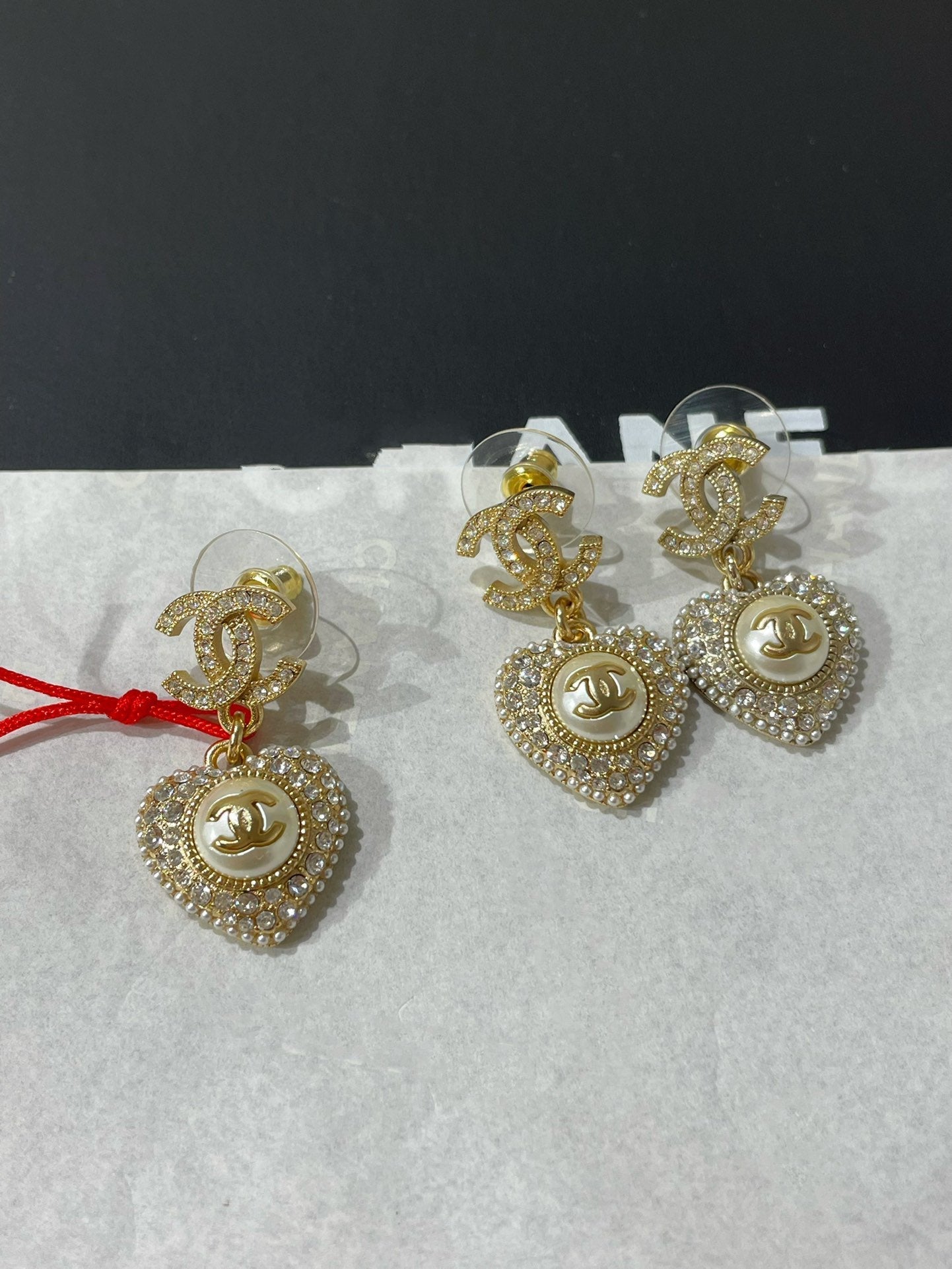 CC LOGO DIAMOND PAVED HEART MOP DROP EARRINGS