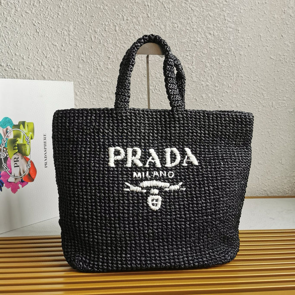 CROCHET TOTE BAG 40CM BLACK RAFFIA