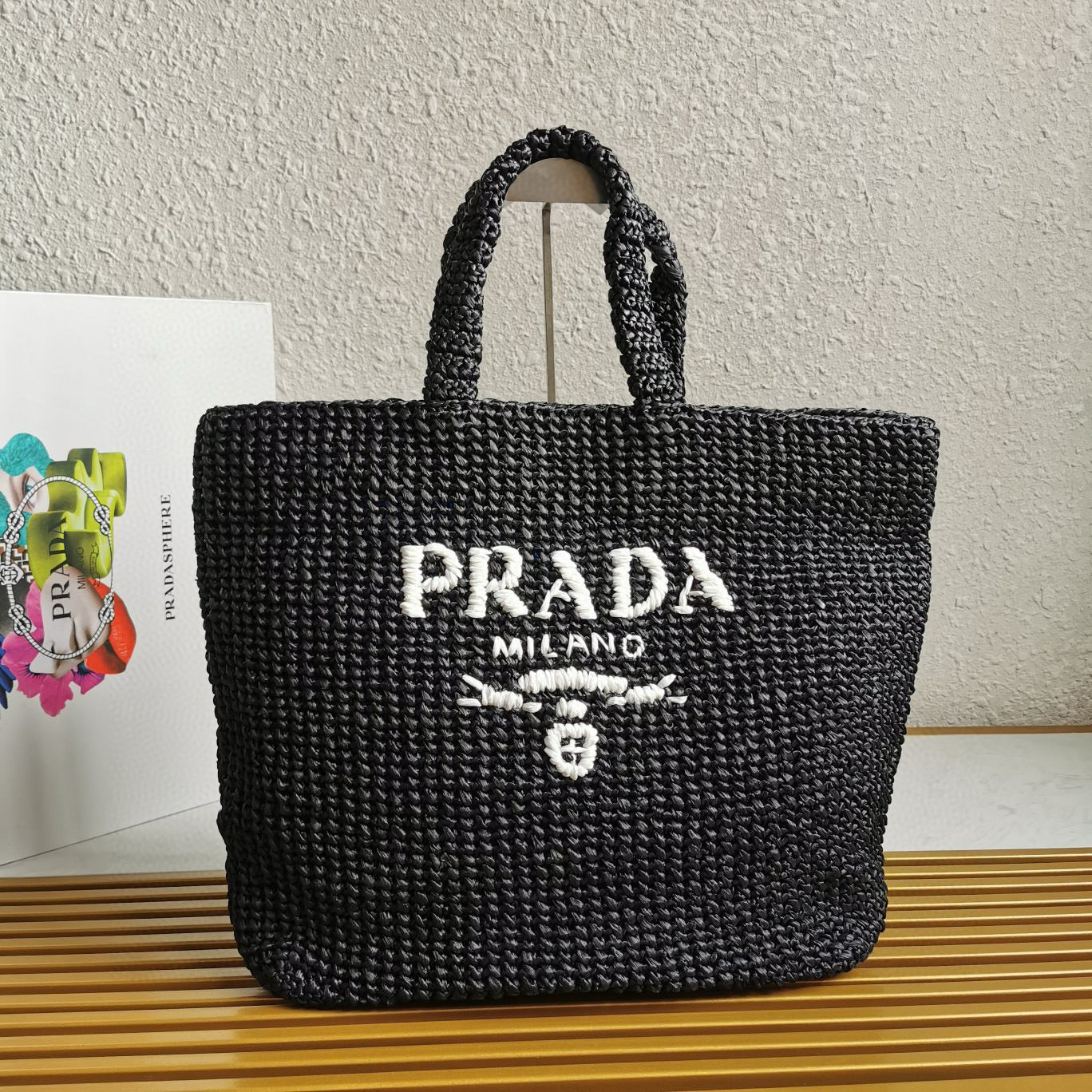 CROCHET TOTE BAG 40CM BLACK RAFFIA