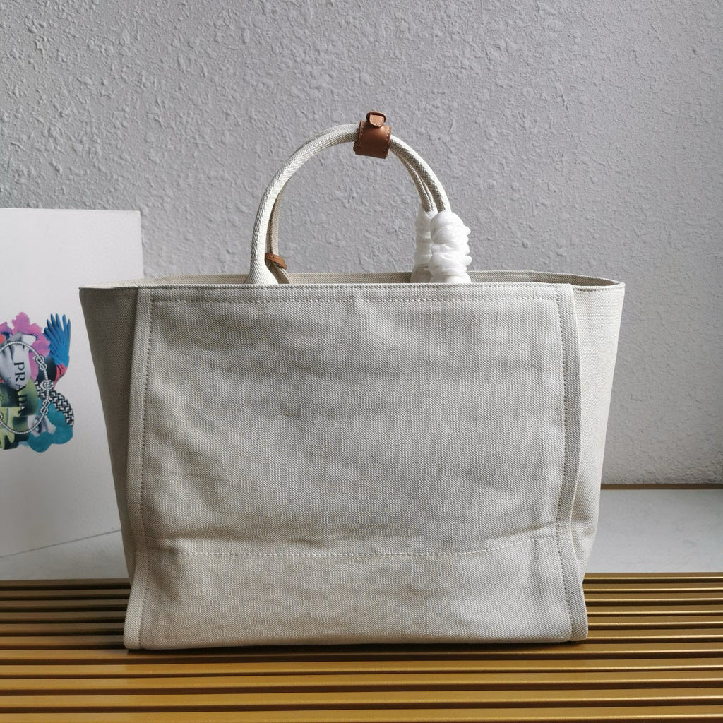 PRADA WHITTE CANVAS SHOPPING BAG LEATHER TRIM