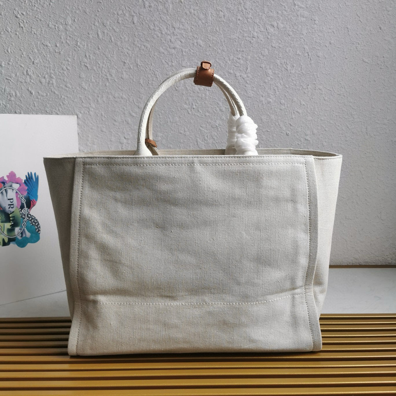 PRADA WHITTE CANVAS SHOPPING BAG LEATHER TRIM
