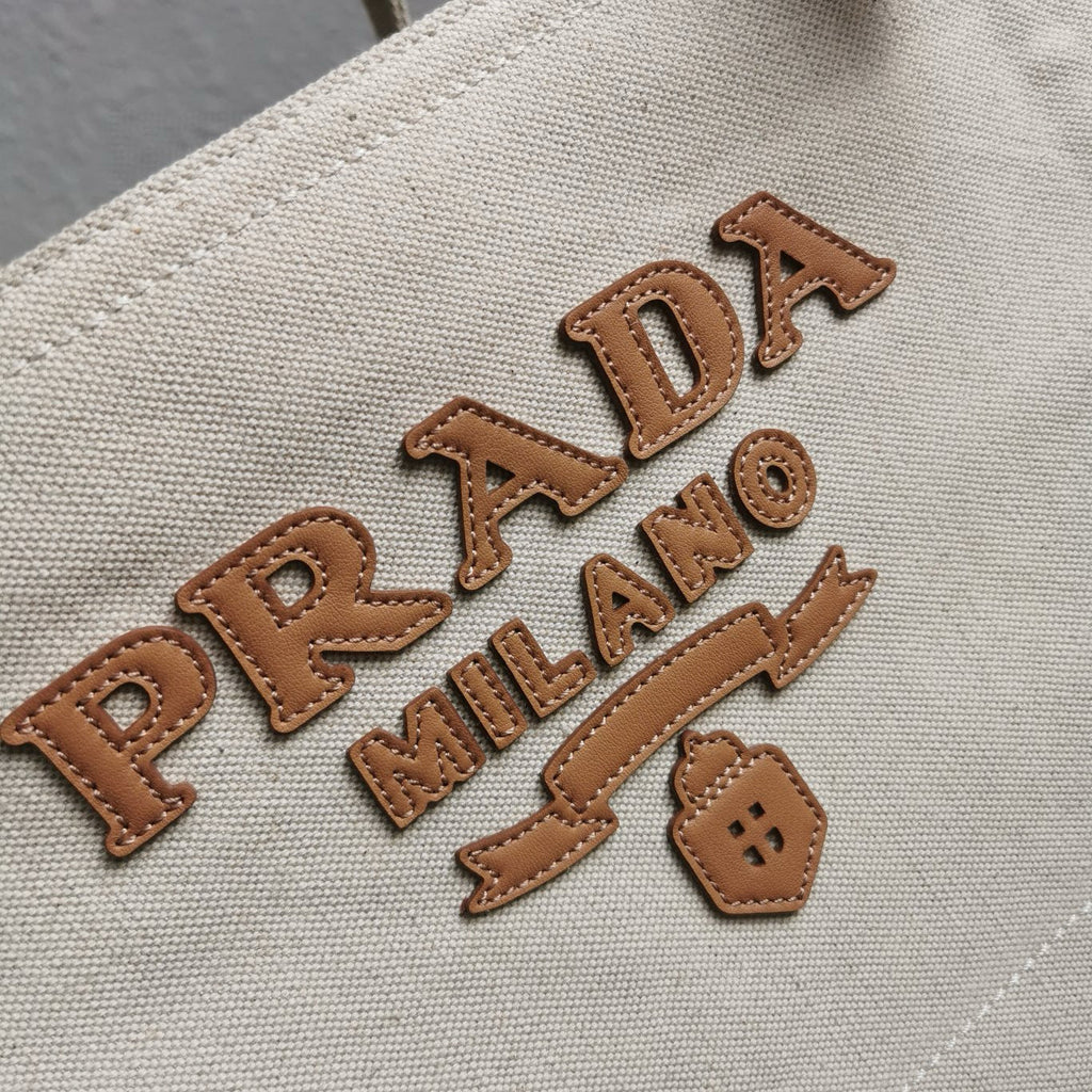 PRADA WHITTE CANVAS SHOPPING BAG LEATHER TRIM