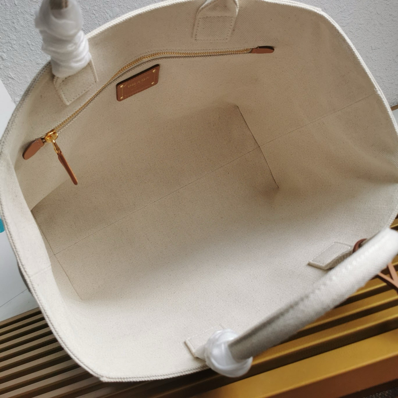 PRADA WHITTE CANVAS SHOPPING BAG LEATHER TRIM
