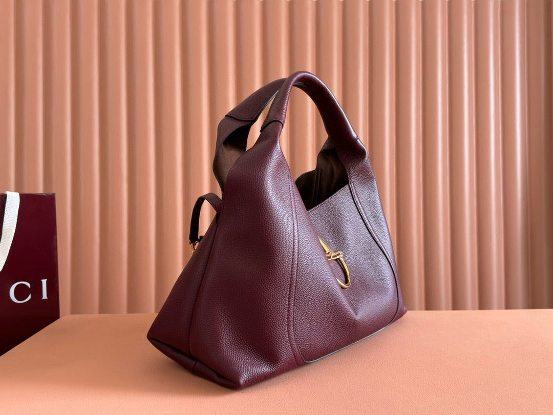 GG SOFTBIT SHOULDER BAG 46CM BURGUNDY GRAINED CALFSKIN GOLD HARDWARE