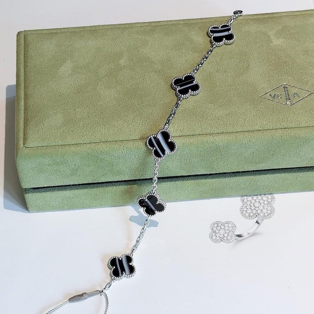 CLOVER 5 MOTIF VEINED ONYX BRACELET SILVER