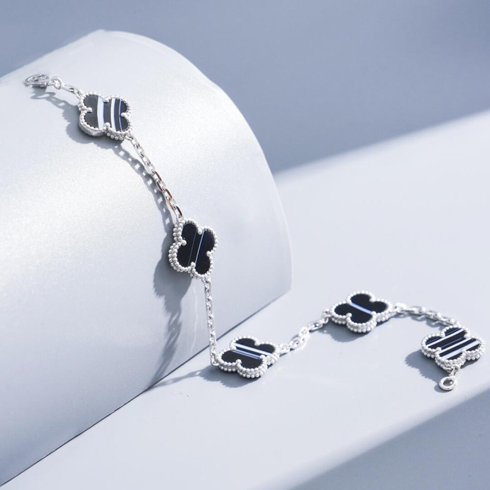 CLOVER 5 MOTIF VEINED ONYX BRACELET SILVER