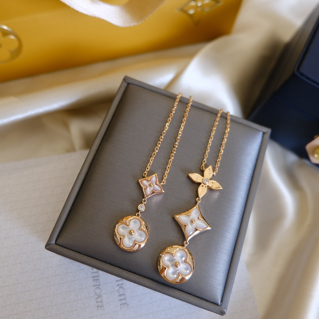 COLOR BLOSSOM LARIAT NECKLACE ROSE GOLD WHITE MOTHER PEARL AND DIAMOND