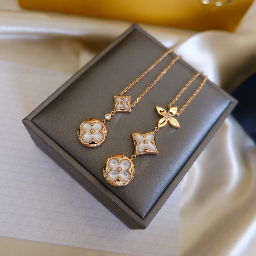 COLOR BLOSSOM LARIAT NECKLACE ROSE GOLD WHITE MOTHER PEARL AND DIAMOND