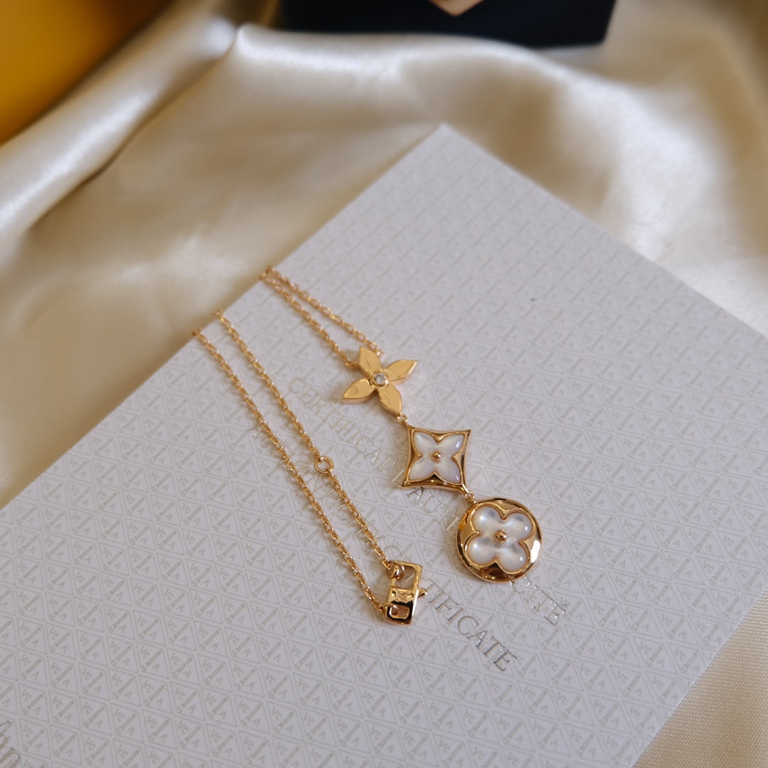 COLOR BLOSSOM LARIAT NECKLACE ROSE GOLD WHITE MOTHER PEARL AND DIAMOND