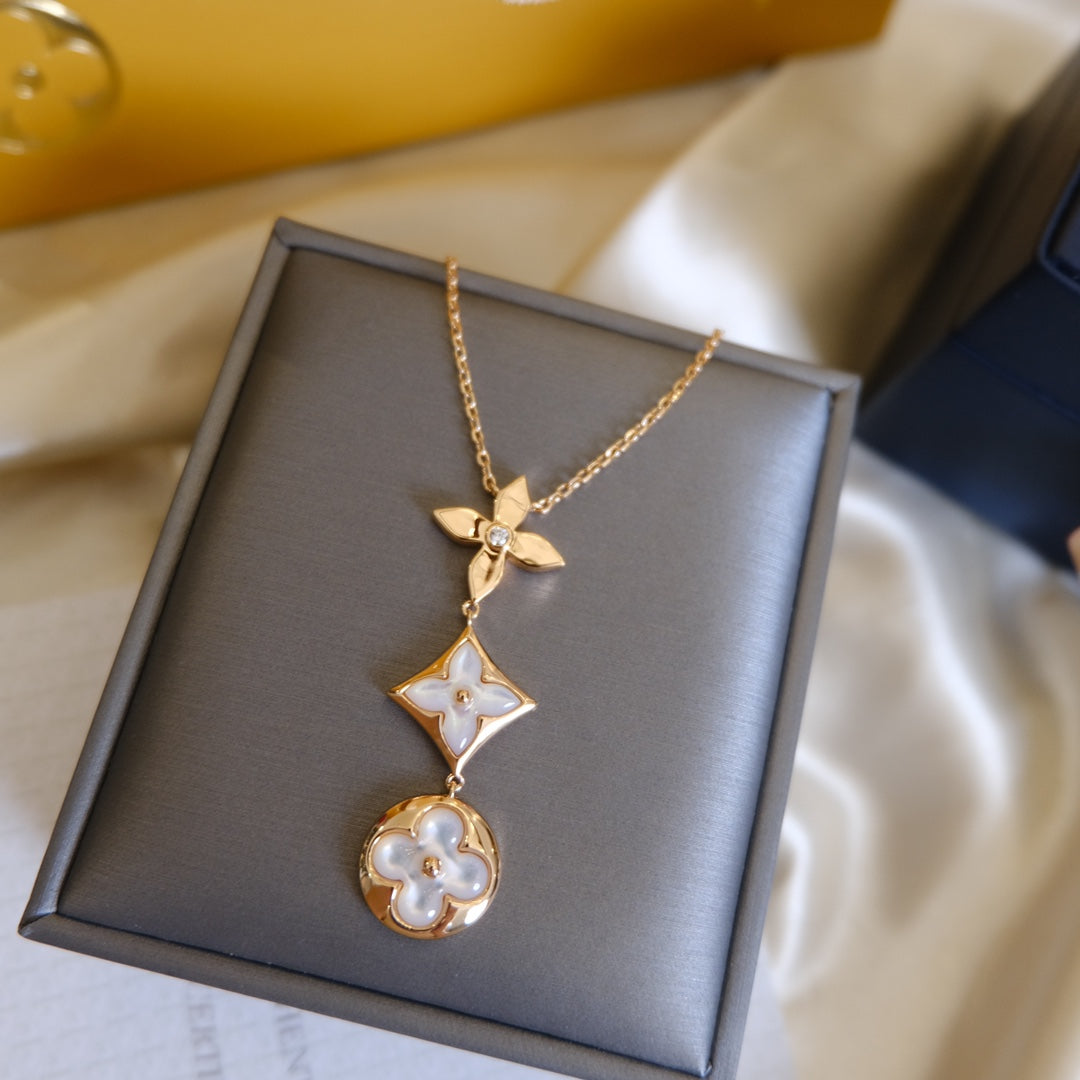 COLOR BLOSSOM LARIAT NECKLACE ROSE GOLD WHITE MOTHER PEARL AND DIAMOND