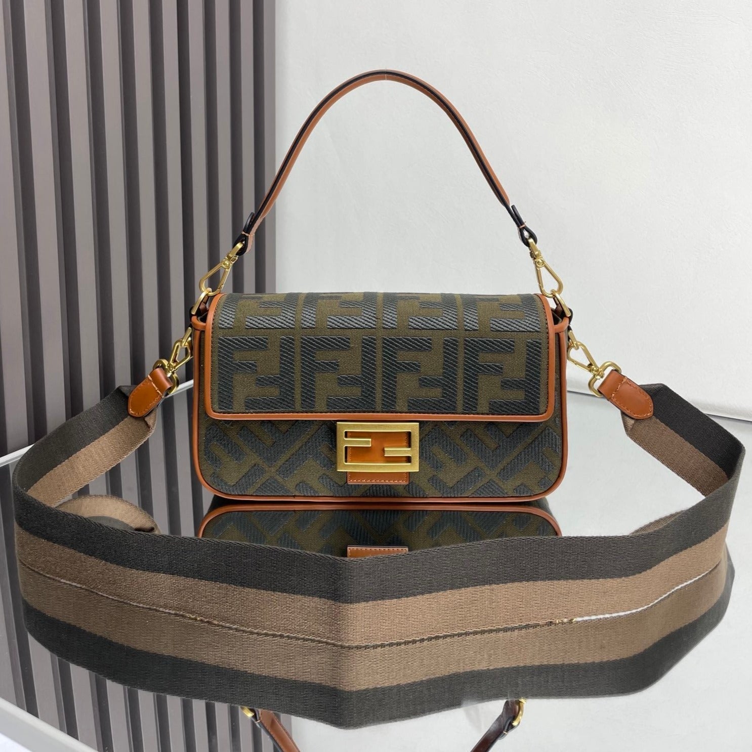 FEND BAGUETTE GREEN CANVAS BAG 27 WITH FF EMBROIDERY GHW