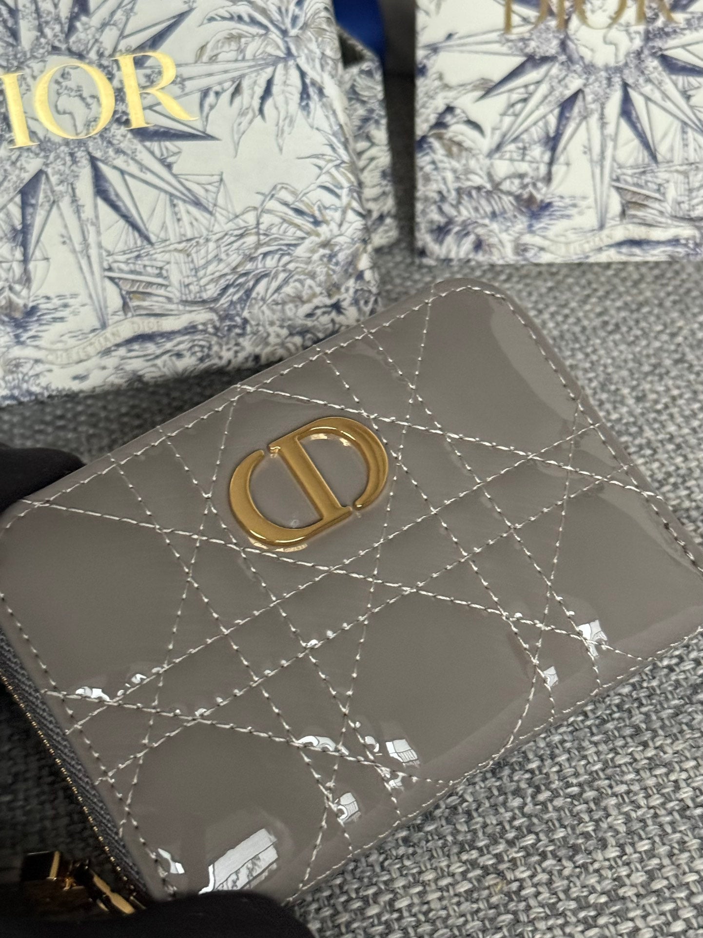 CD LOGO CARO 11CM COMPACT WALLET SHINY GREY CALFSKIN