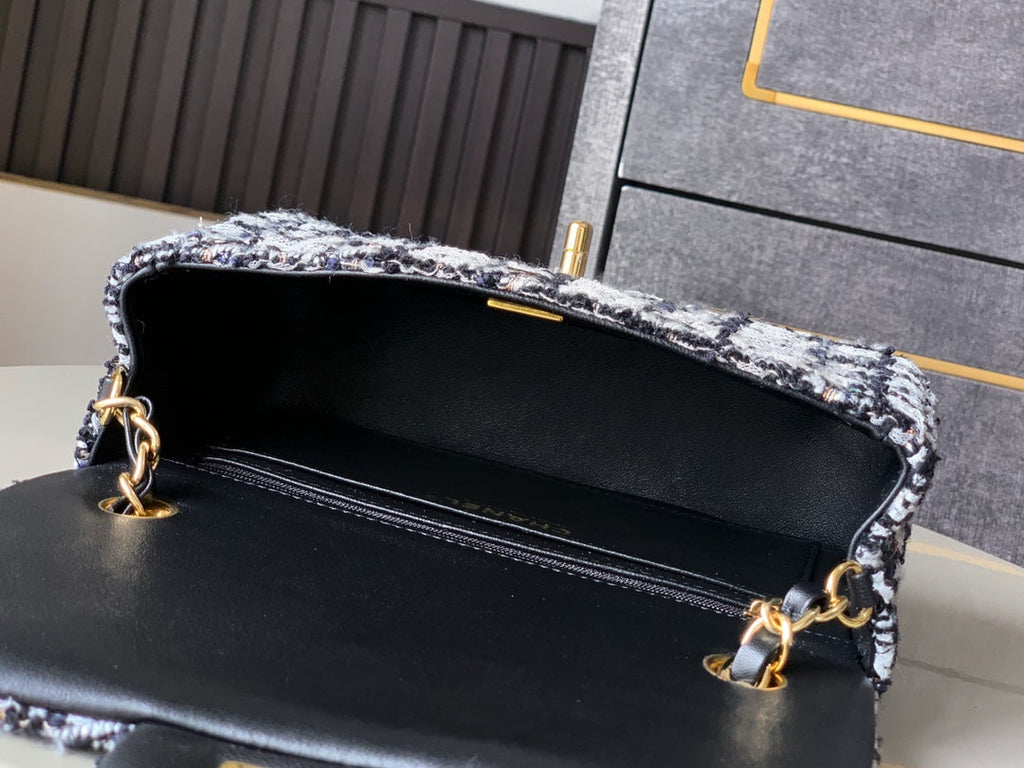 FLAP BAG MINI 20CM BLACK WHITE TWEED SEQUIN