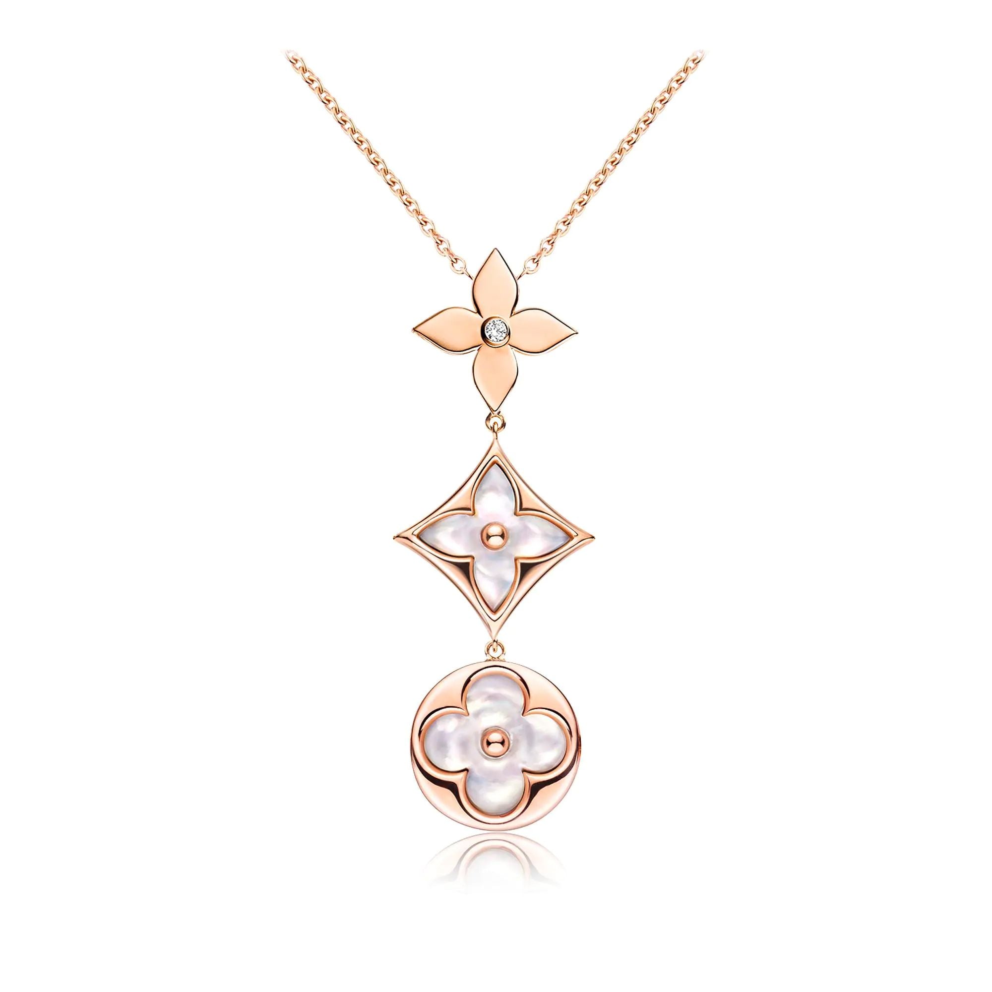 COLOR BLOSSOM LARIAT NECKLACE ROSE GOLD WHITE MOTHER PEARL AND DIAMOND
