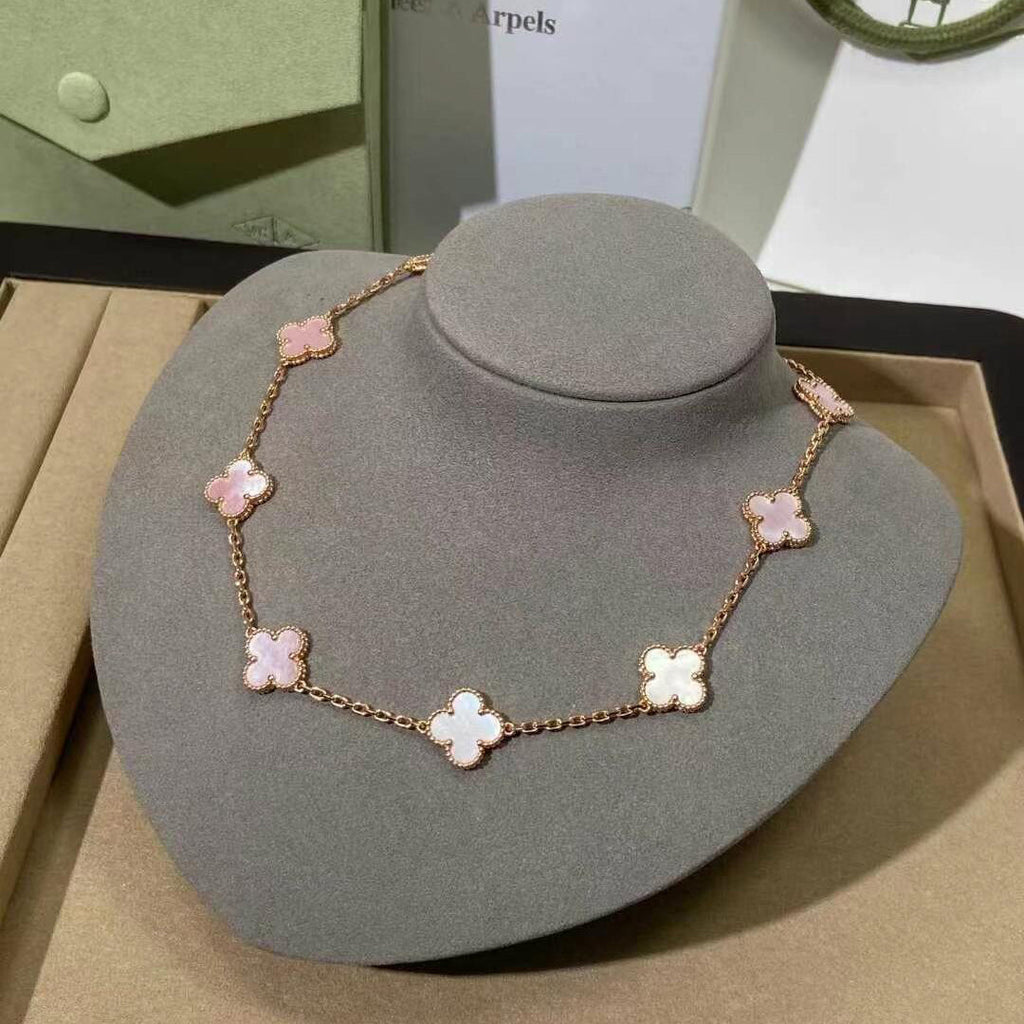 CLOVER 10 MOTIFS PINK MOP NECKLACE