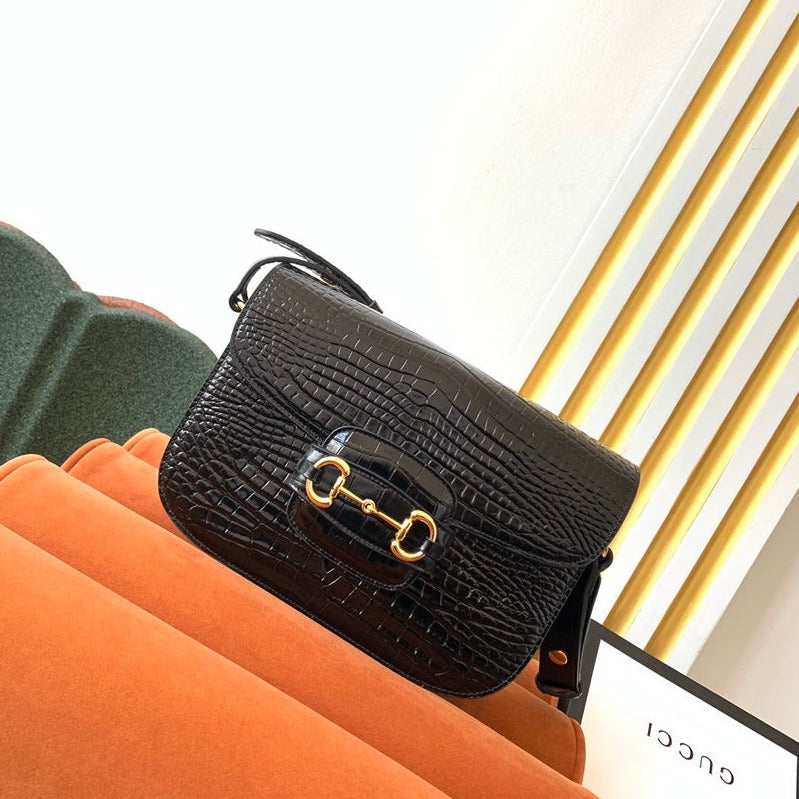 GG 1955 HORSEBIT BAG 25CM BLACK CROCODILE LEATHER GOLD HARDWARE