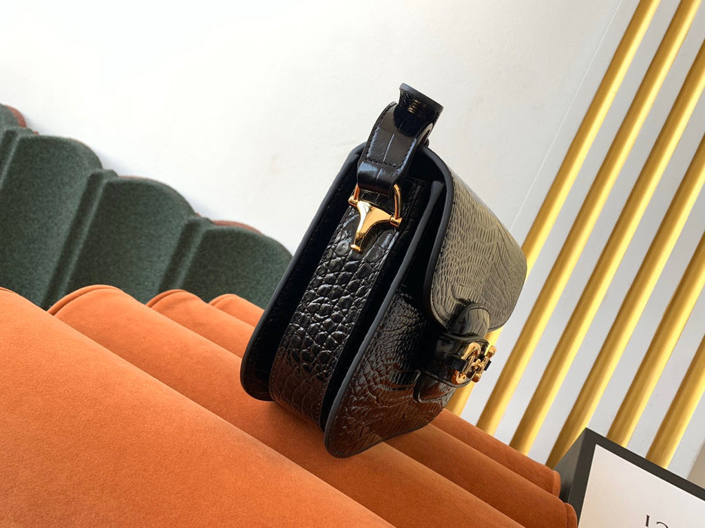 GG 1955 HORSEBIT BAG 25CM BLACK CROCODILE LEATHER GOLD HARDWARE