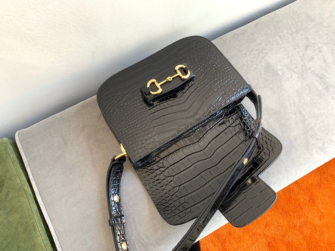 GG 1955 HORSEBIT BAG 25CM BLACK CROCODILE LEATHER GOLD HARDWARE