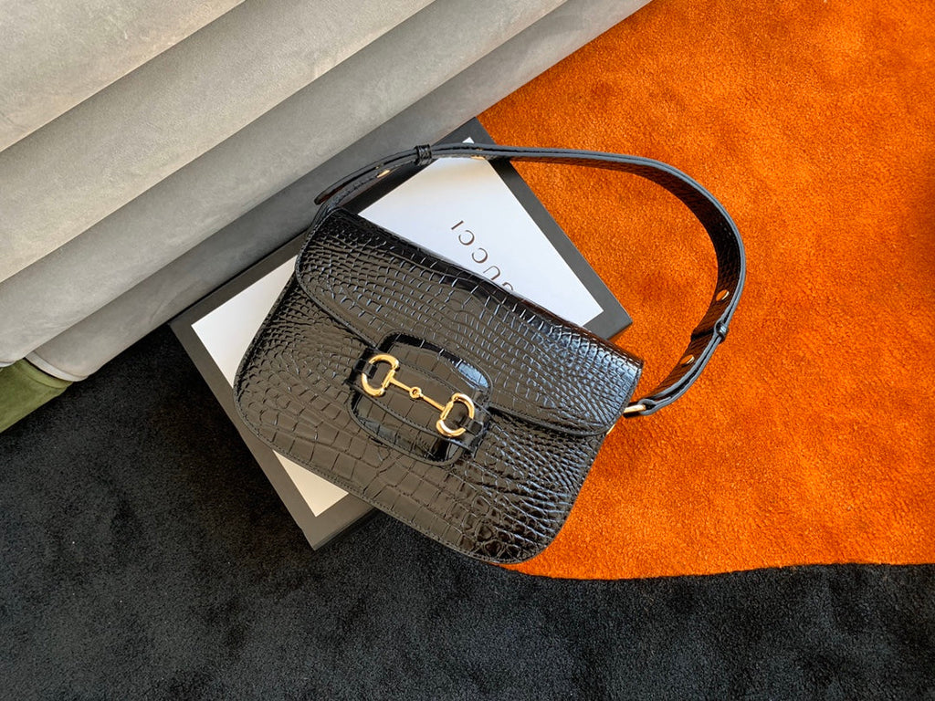 GG 1955 HORSEBIT BAG 25CM BLACK CROCODILE LEATHER GOLD HARDWARE