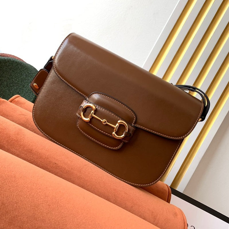 GG 1955 HORSEBIT BAG 25CM BROWN CALFSKIN GOLD HARDWARE