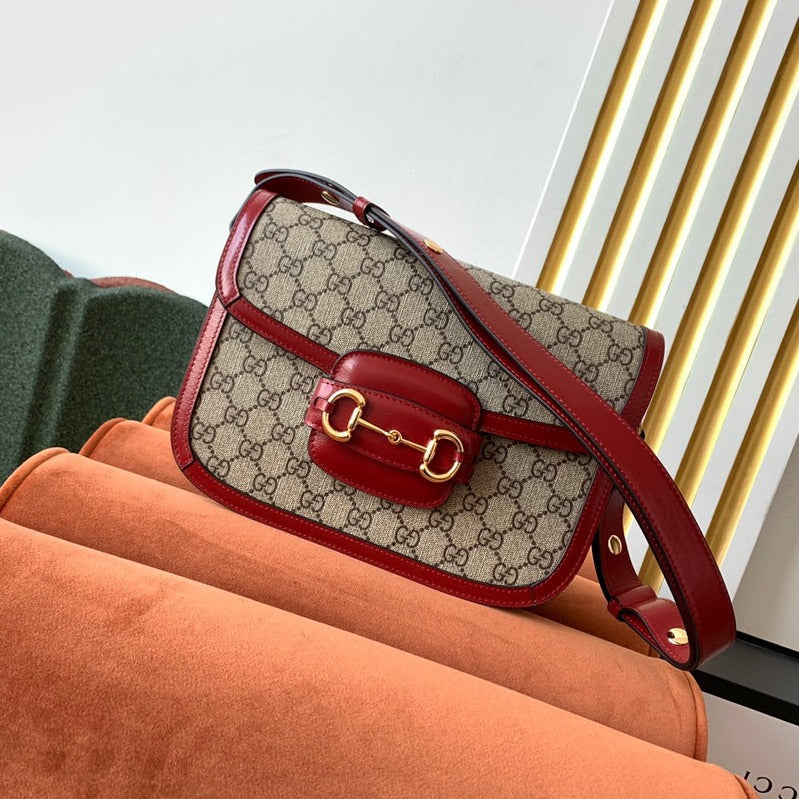 GG 1955 HORSEBIT BAG 25CM RED LEATHER BEIGE CANVAS GOLD HARDWARE