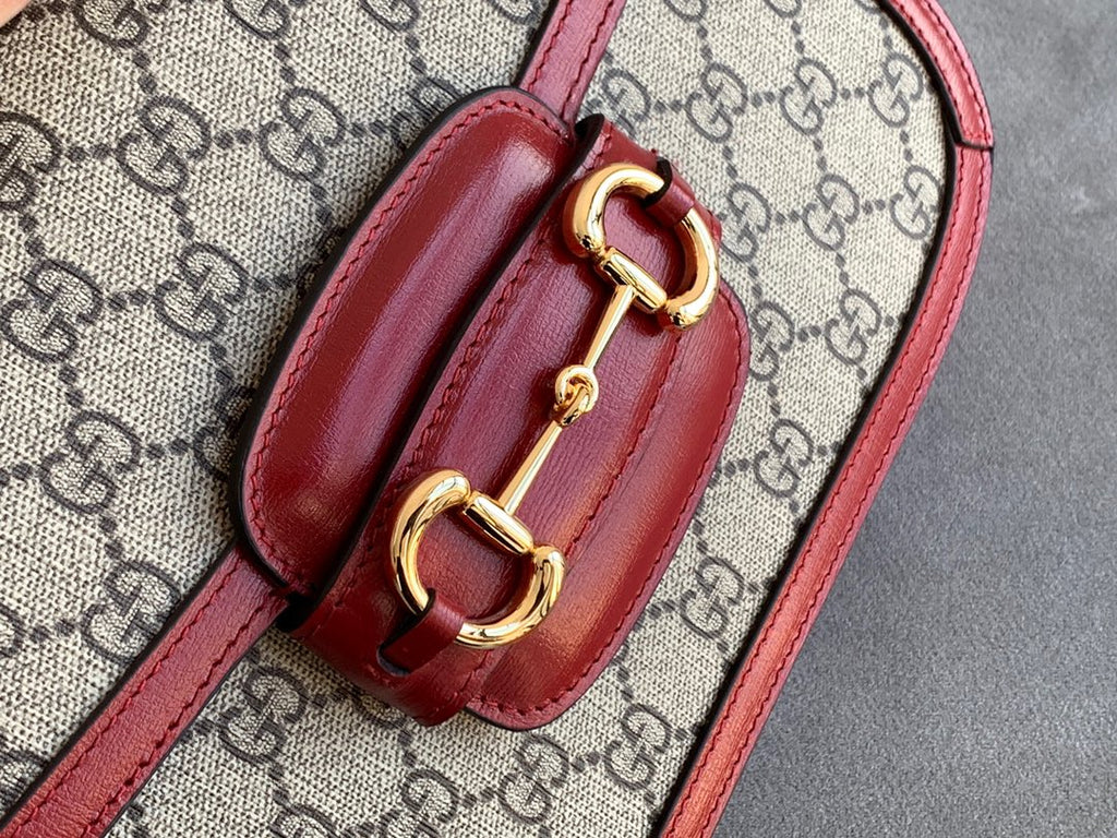 GG 1955 HORSEBIT BAG 25CM RED LEATHER BEIGE CANVAS GOLD HARDWARE