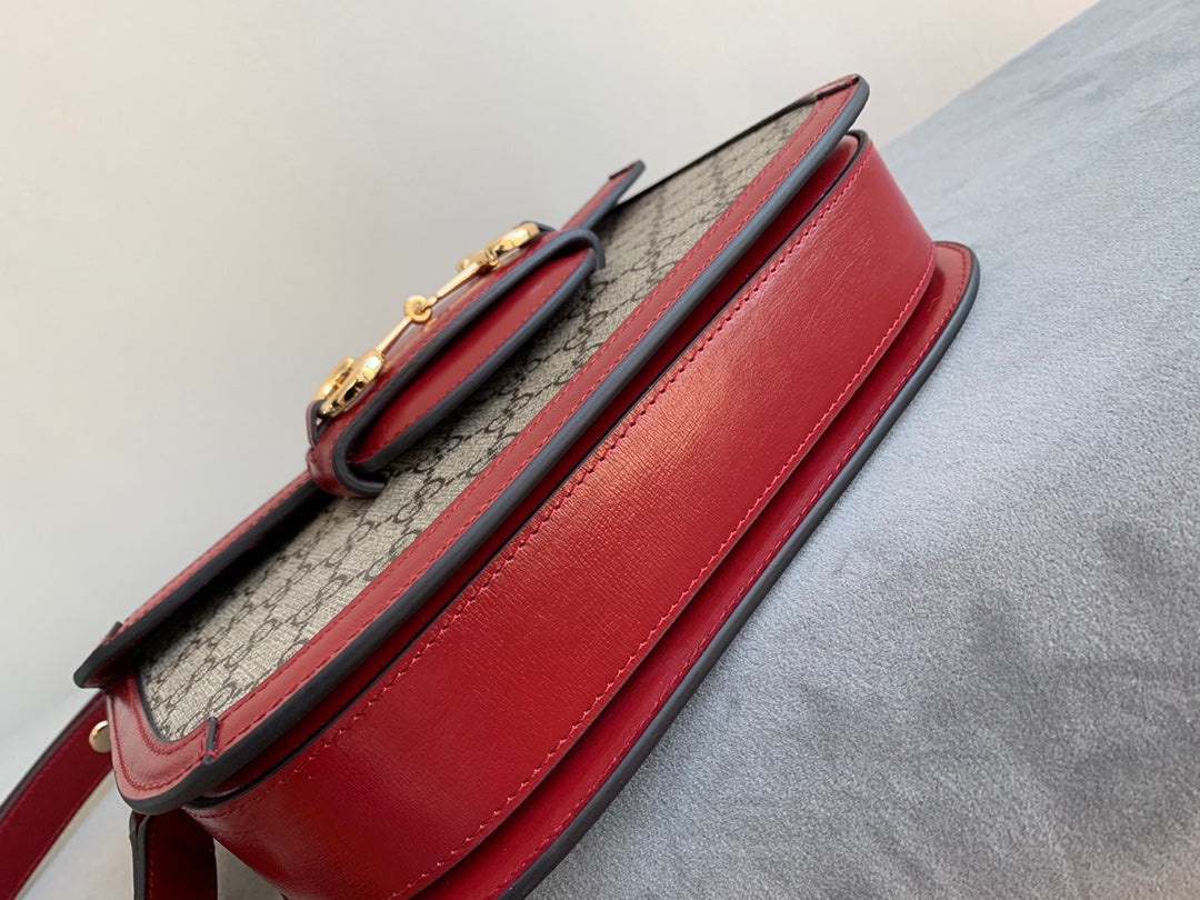 GG 1955 HORSEBIT BAG 25CM RED LEATHER BEIGE CANVAS GOLD HARDWARE