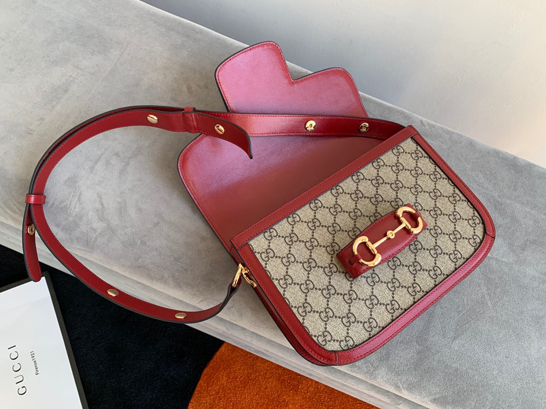 GG 1955 HORSEBIT BAG 25CM RED LEATHER BEIGE CANVAS GOLD HARDWARE